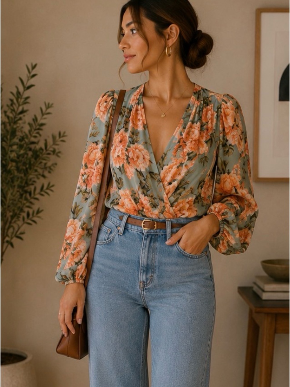 Hello Molly Sage and Coral Floral Wrap Bodysuit